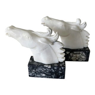 Vintage Late 20th Century Large White & Gray Marble Base Horse Head Bookends - a Pair For Sale