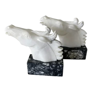 Vintage Late 20th Century Large White & Gray Marble Base Horse Head Bookends - a Pair