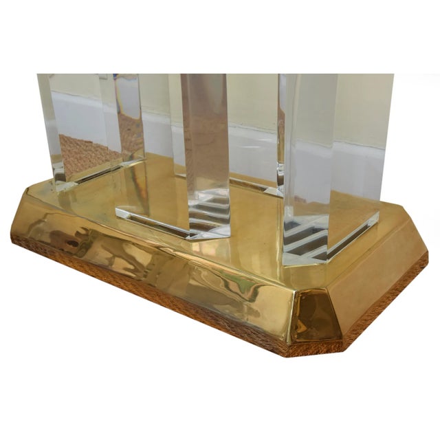 1980s Vintage Karl Springer Gold Plated Over Brass and Arched Lucite and Glass Console Table For Sale - Image 5 of 12