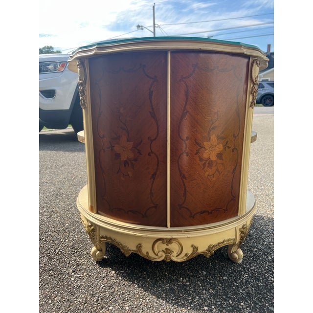 1950s Vintage Italian-Style Marquetry Round Accent Table / Nightstand With Storage For Sale - Image 5 of 12