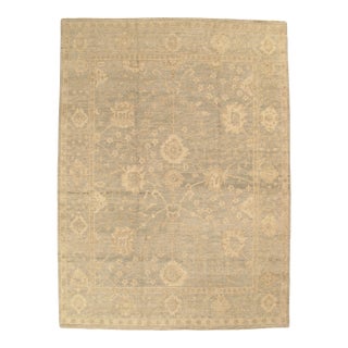 Vintage Oushak Carpet, Oriental Rug, Handmade Green Grey, Ivory, Saffron For Sale