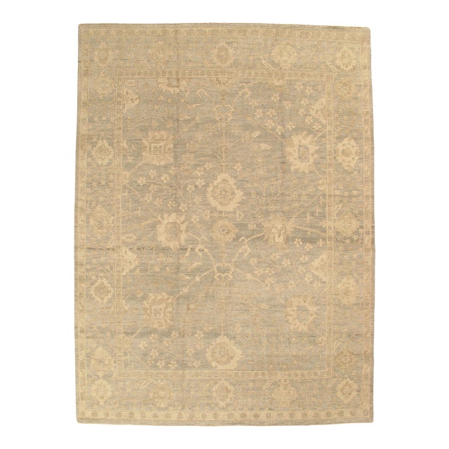 Vintage Oushak Carpet, Oriental Rug, Handmade Green Grey, Ivory, Saffron For Sale