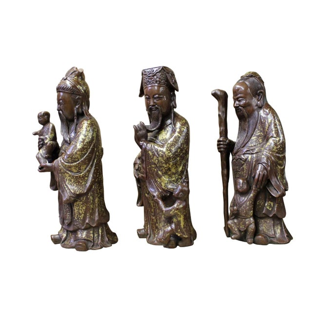 Chinese Bronze Metal SanXing ( 3 Deities ) Fu Lu Shou Statue Set For Sale - Image 4 of 10