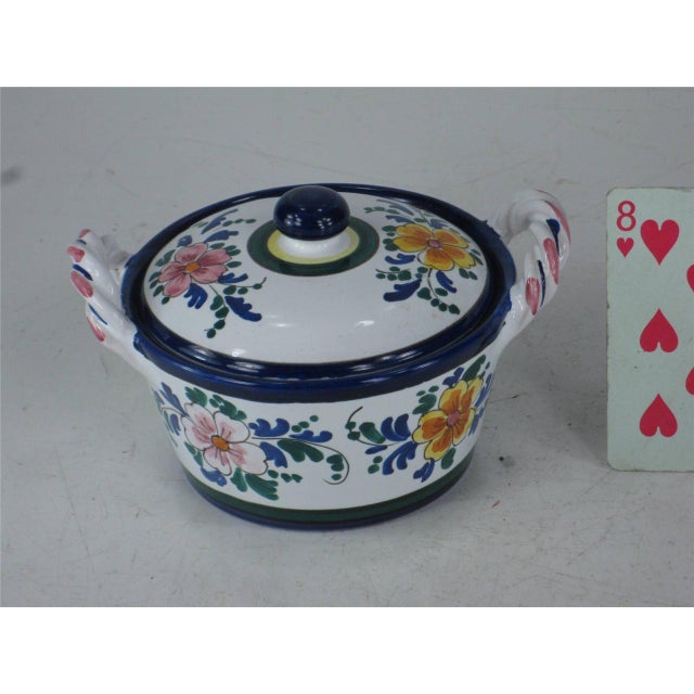 Late 20th Century Late 20th Century Jelly / Jam Pot Italy, Hand Painted Art Pottery, Slotted Lid for Spoon & Handles For Sale - Image 5 of 12