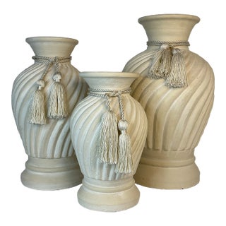 1970s Vintage Italian Mediterranean Boho Chic Plaster Vases With Tassel Accents - Set of 3. For Sale