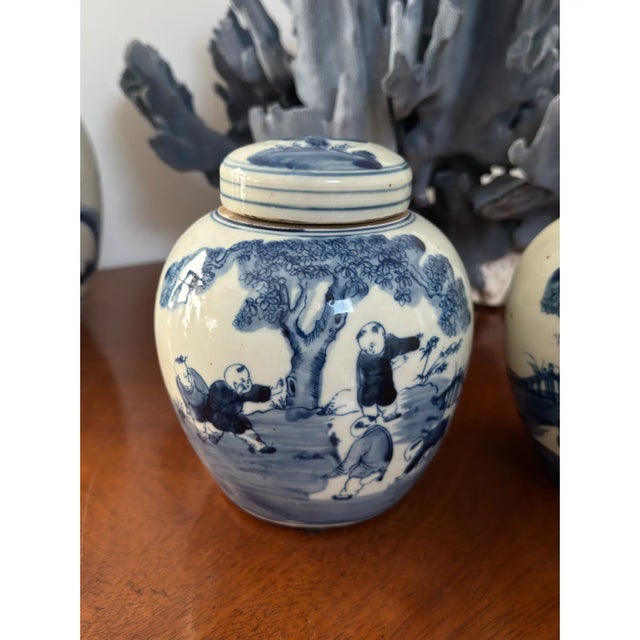 2010s Pair of Small Blue & White Ginger Jars With Classic Chinese Motif For Sale - Image 5 of 7