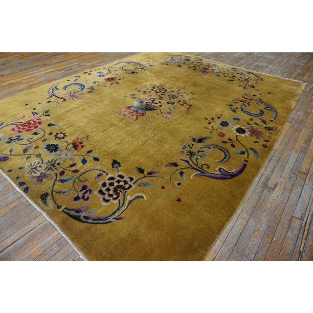 1920s Yellow Saffron Floral Vase Antique Chinese Art Deco Carpet 8'8" X 11'4" Knotted Wool Rug For Sale - Image 4 of 13