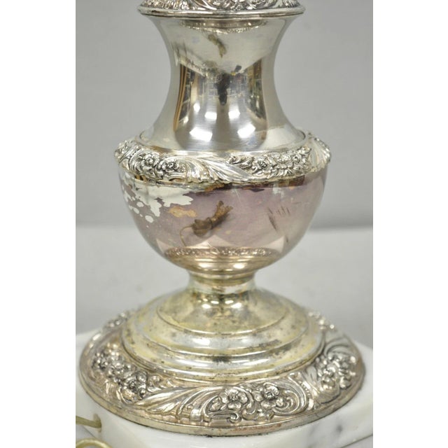 Mid 20th Century International Victorian Silver Plate Floral Repousse Candlestick Table Lamp Pair For Sale - Image 11 of 18