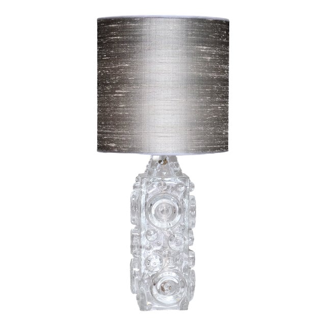 Bubble Glass Table Lamp with Silk Shade by Josef Schott for Smålandshyttan, Sweden, 1960s For Sale