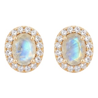 Rainbow Moonstone Halo Earrings | June Birthstone Bridal Studs | Wedding Anniversary Gift - A Pair For Sale