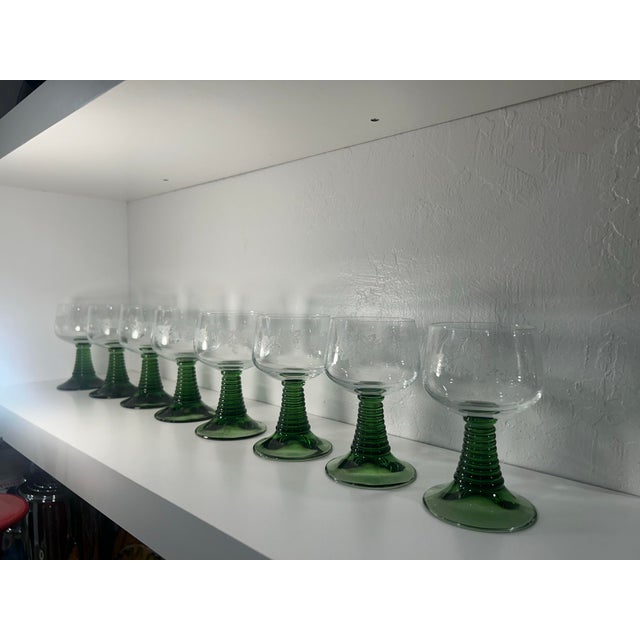 1970s 1970s German Crystal Roemer Glasses With Beautiful Beehive Green Stems - Set of 8 For Sale - Image 5 of 11