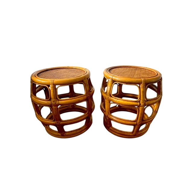 Vintage Post Modern Bent Bamboo & Rattan Side Tables or Stools – A Pair For Sale - Image 11 of 12