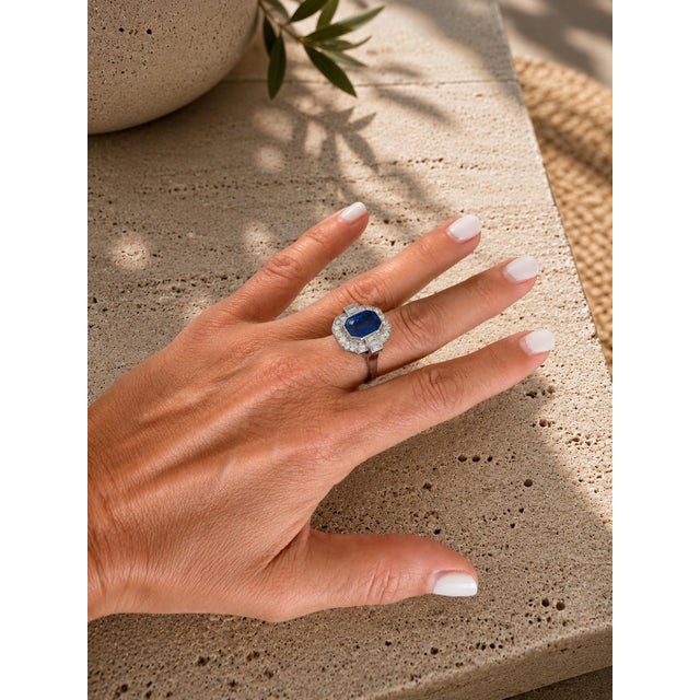 1930s Art Deco Platinum Ceylon Sapphire and Diamond Ring With Gia Certified 2.50 Carat, Size 7.5 For Sale - Image 13 of 14