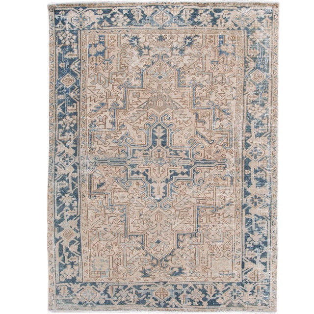 Antique Heriz Shabby Chic Beige and Blue Handmade Wool Rug For Sale