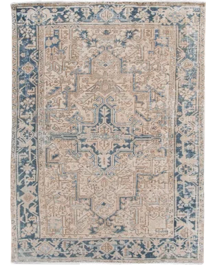 Antique Heriz Shabby Chic Beige and Blue Handmade Wool Rug