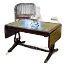 Vintage English Mahogany Green Tooled-Leather Tea/Occasional Table For Sale