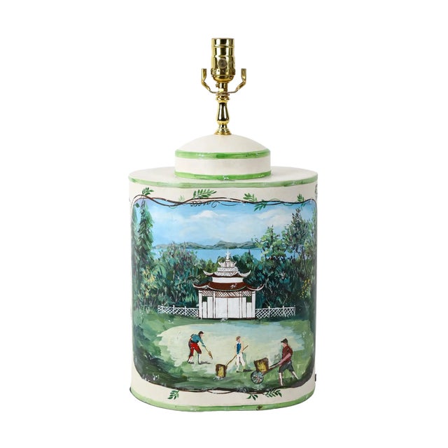 Chinese Mid-20th Century Chinese-Style Hand-Painted Ceramic Tea Canister Table Lamps - a Pair For Sale - Image 3 of 13