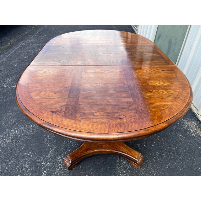 American Late 20th Century Rustic Double Pedestal Oak Extension Dining Table For Sale - Image 3 of 12
