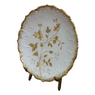 Antique Charles Ahrenfeldt Limoges France Gold Floral Plate W Brass Stand 8.5" For Sale