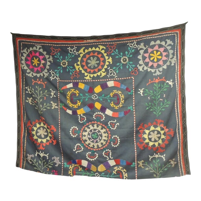 Vintage Large Colorful Floral Embroidered Vintage Suzani Panel For Sale