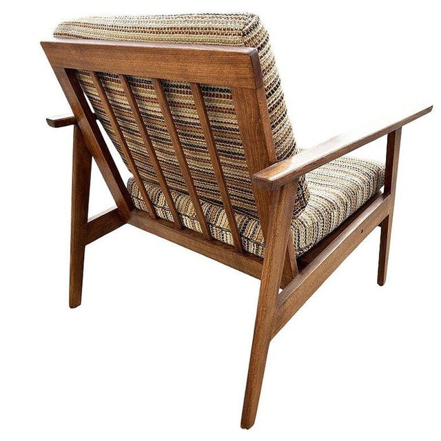 1960s Scandinavian Modern MCM Walnut Framed Armchair With Striped Cushions For Sale - Image 5 of 7