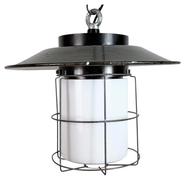 Industrial Grey Enamel, Glass, and Iron Cage Pendant Lamp from Elektrosvit, 1960s For Sale - Image 16 of 16