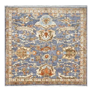 Indian Sultanabad Silk 6x6 Blue, Orange & Ivory Handmade Square Area Rugs #1143145 For Sale