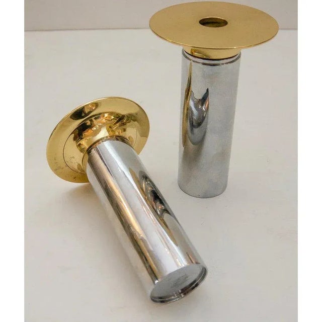 Brass Candle Holders Chrome & Polished Brass - a Pair Candlesticks For Sale - Image 8 of 10