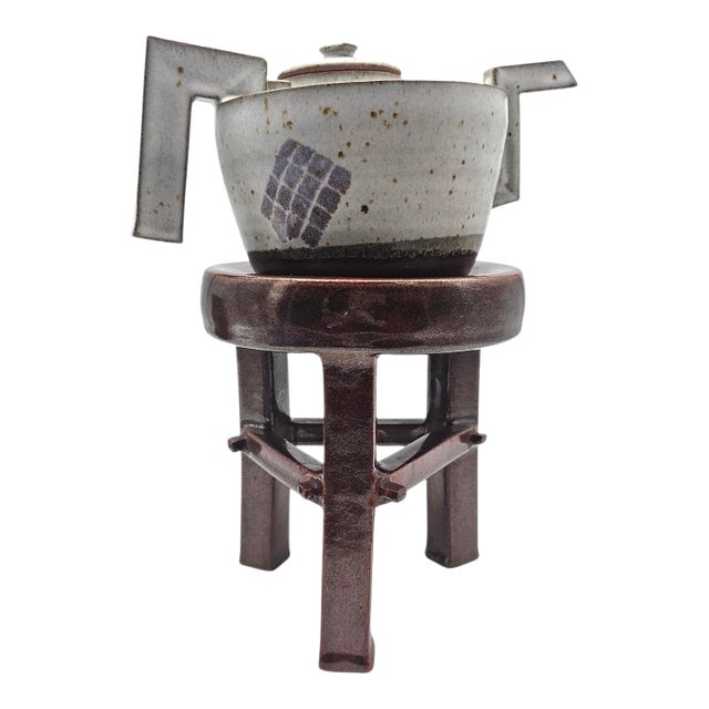 Postmodern Memphis Style Studio Stoneware Teapot on Ceramic Pedestal 16.5" For Sale