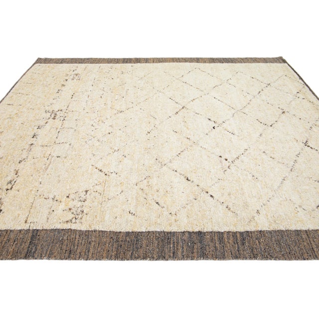 Beige 2020s Handmade Moroccan Style Wool Rug With Tribal Motif in Beige For Sale - Image 8 of 10