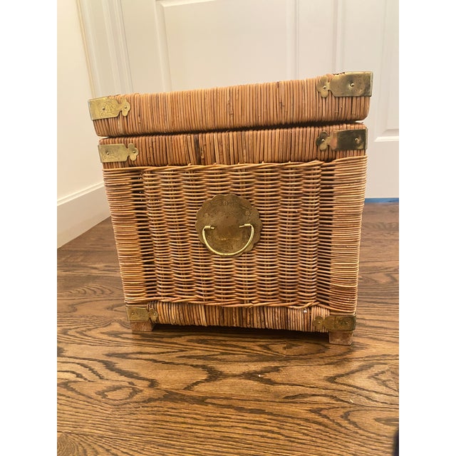 Wood 1970s Vintage Handwoven Wicker Trunk/Chest With Brass Hardware ~ Opens From Top & Front For Sale - Image 7 of 11
