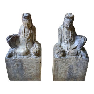 1990s Seated Chinese Figure With Foo Marble Bookends- a Pair For Sale