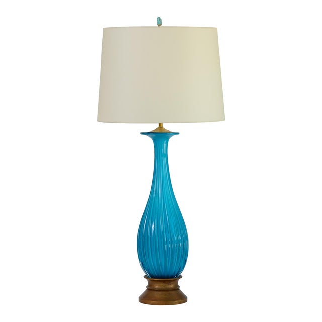 This pair is a wonderful example of Turquoise Blue Empoli Murano Glass Table Lamps. The glass is fluted. Made in the...
