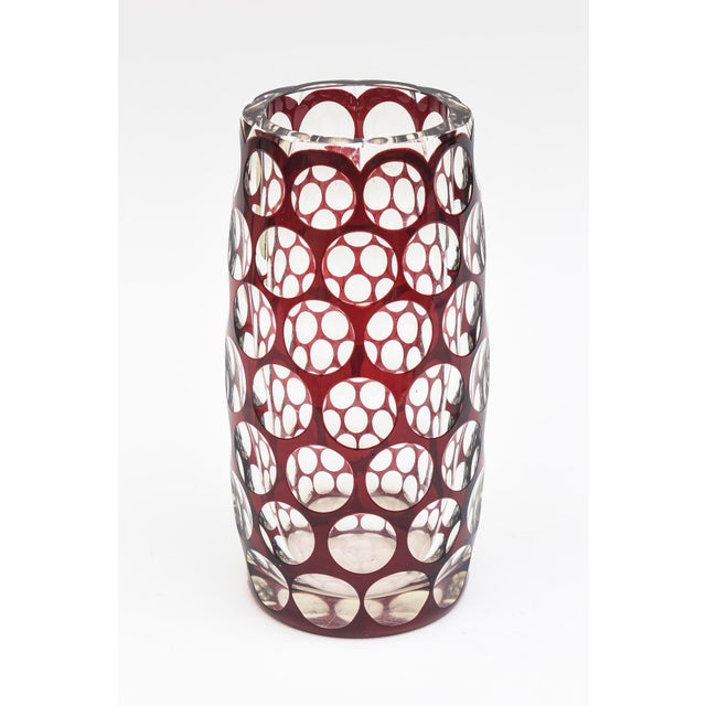 Mid-Century Modern Vintage Honeycomb Optic Czech Glass Vase With Circles Burgundy Red and Clear For Sale - Image 3 of 10