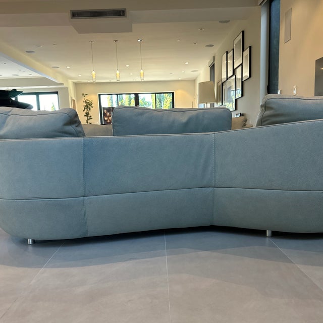 Roche Bobois Curved Leather Sofas in Soft Sage Blue: A Pair For Sale - Image 11 of 12