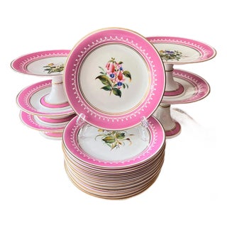 Antique French Pink Old Paris Porcelain hand-painted dessert set with 12 plates and 5 assorted tazzas, porcelain with gilt accents - 17 pcs For Sale