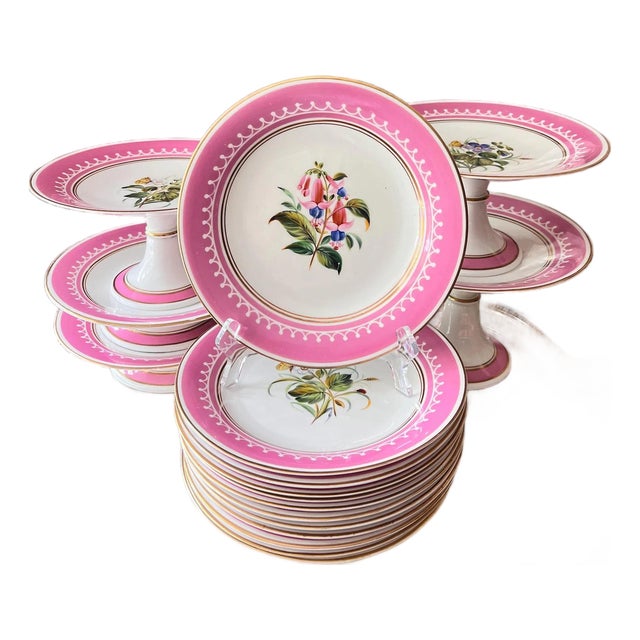Antique French Pink Old Paris Porcelain hand-painted dessert set with 12 plates and 5 assorted tazzas, porcelain with gilt accents - 17 pcs For Sale