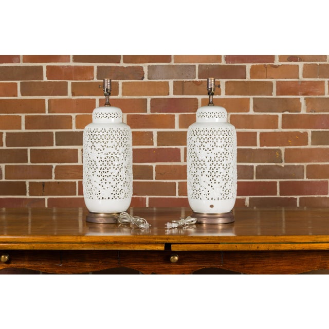 White 19th Century White Porcelain Vases with Floral Décor Made into Table Lamps, Pair For Sale - Image 8 of 12