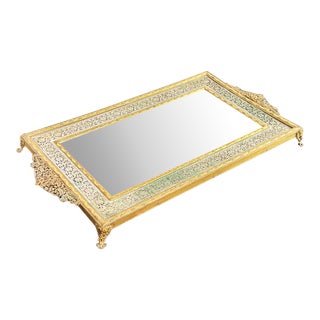 Antique 1920's Filigree Gold & Mirror Vanity Tray For Sale