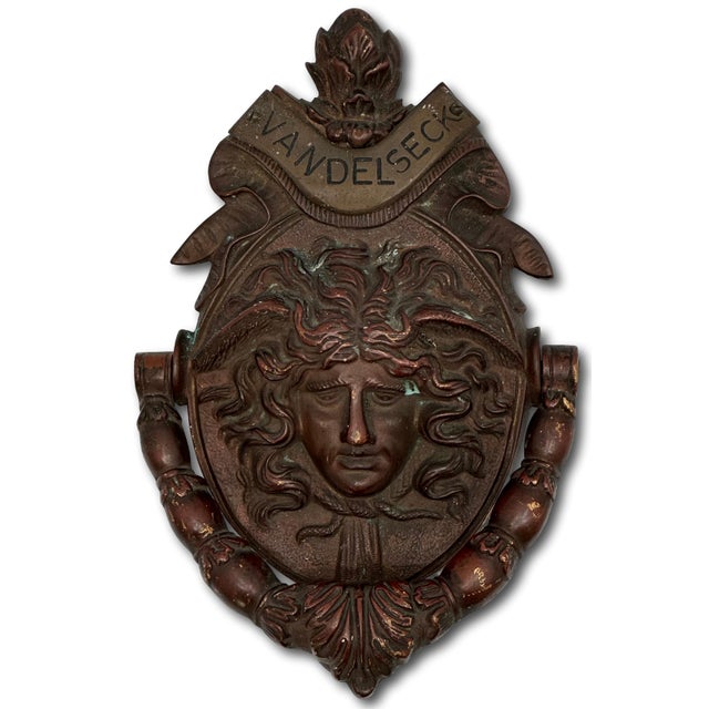 Large Size - Outstanding Authentic Antique Victorian Solid Bronze Medusa - Gorgon Door Knocker Circa Late 19th Century For Sale - Image 13 of 17