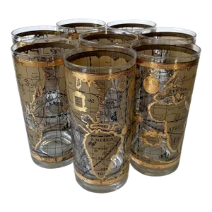 Set of 8 Mid Century 'Old World Map' Highball Tumblers by Cera