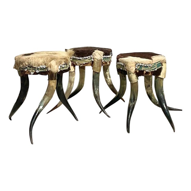 Vintage Boho Horn Stools - Set of 3 For Sale