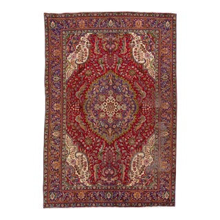 1960s Vintage Persian Tabriz Handmade Medallion Red Wool Rug For Sale