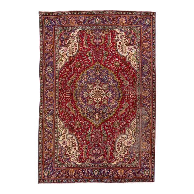 1960s Vintage Persian Tabriz Handmade Medallion Red Wool Rug For Sale