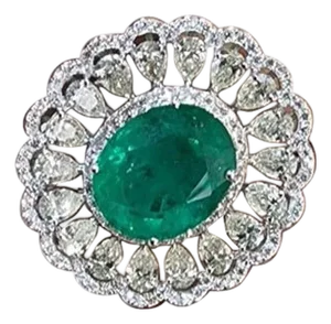 Natural Zambian Emerald Ring with 6.30 Cts and 3.11 Cts Diamond Pears in 14k