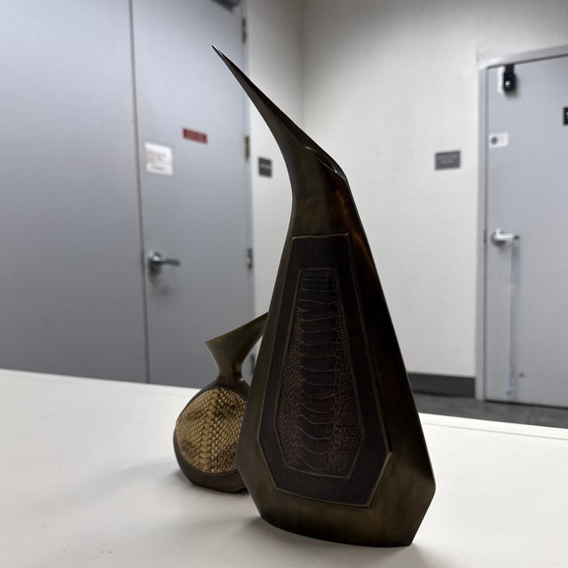 Bronze R & Y Augousti Paris Bird Sculptural Tall + Short Vases, Vintage For Sale - Image 8 of 12