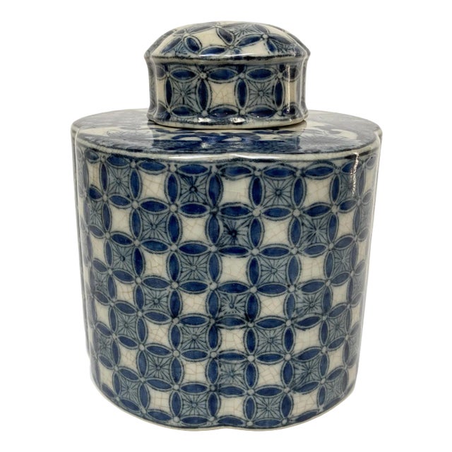 Vintage Blue and White Lidded Jar For Sale
