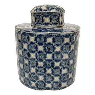 Vintage Blue-and-White Patterned Pottery Jar For Sale