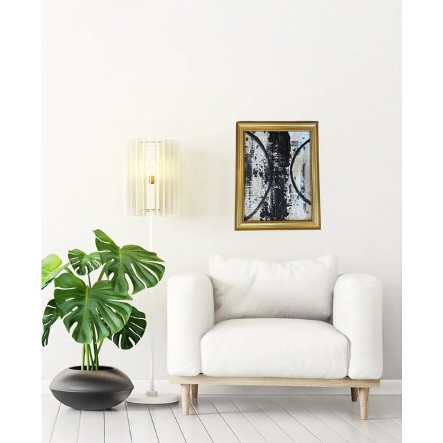 Original mix media abstract graphic Mid-Century Inspired Painting in fabulous antique wood gold frame. Bold composition....