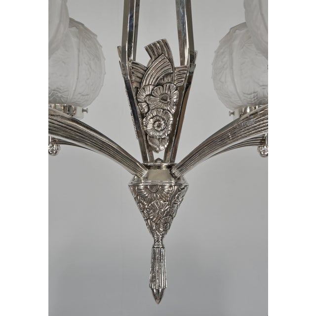 French Art Deco Nickeled Bronze & Frosted Glass Chandelier by Louis Vandamme 1930s For Sale - Image 9 of 13